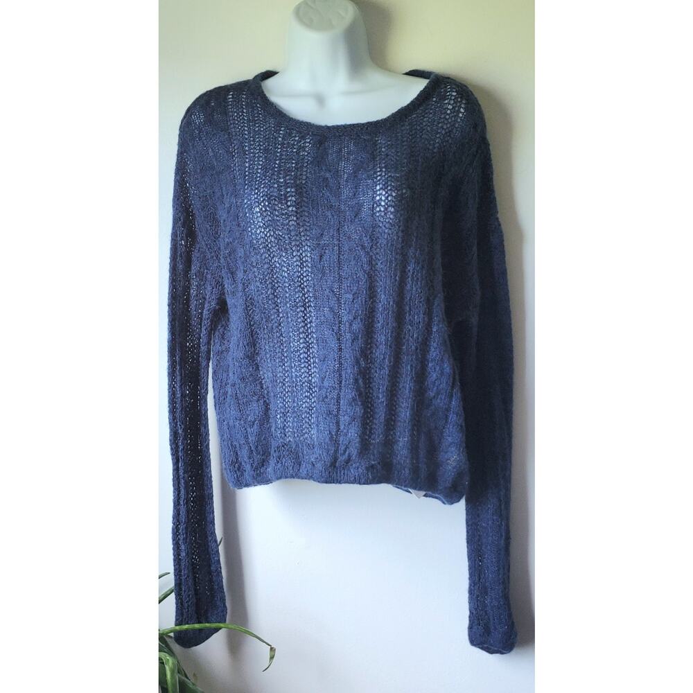 Free People Womens Blue Cropped aspen Knit Summer Sweater Size XS-M Coastal Boho